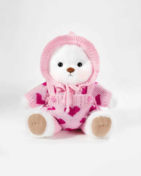 White Long Hair Bear & Pink Heart Knit Set