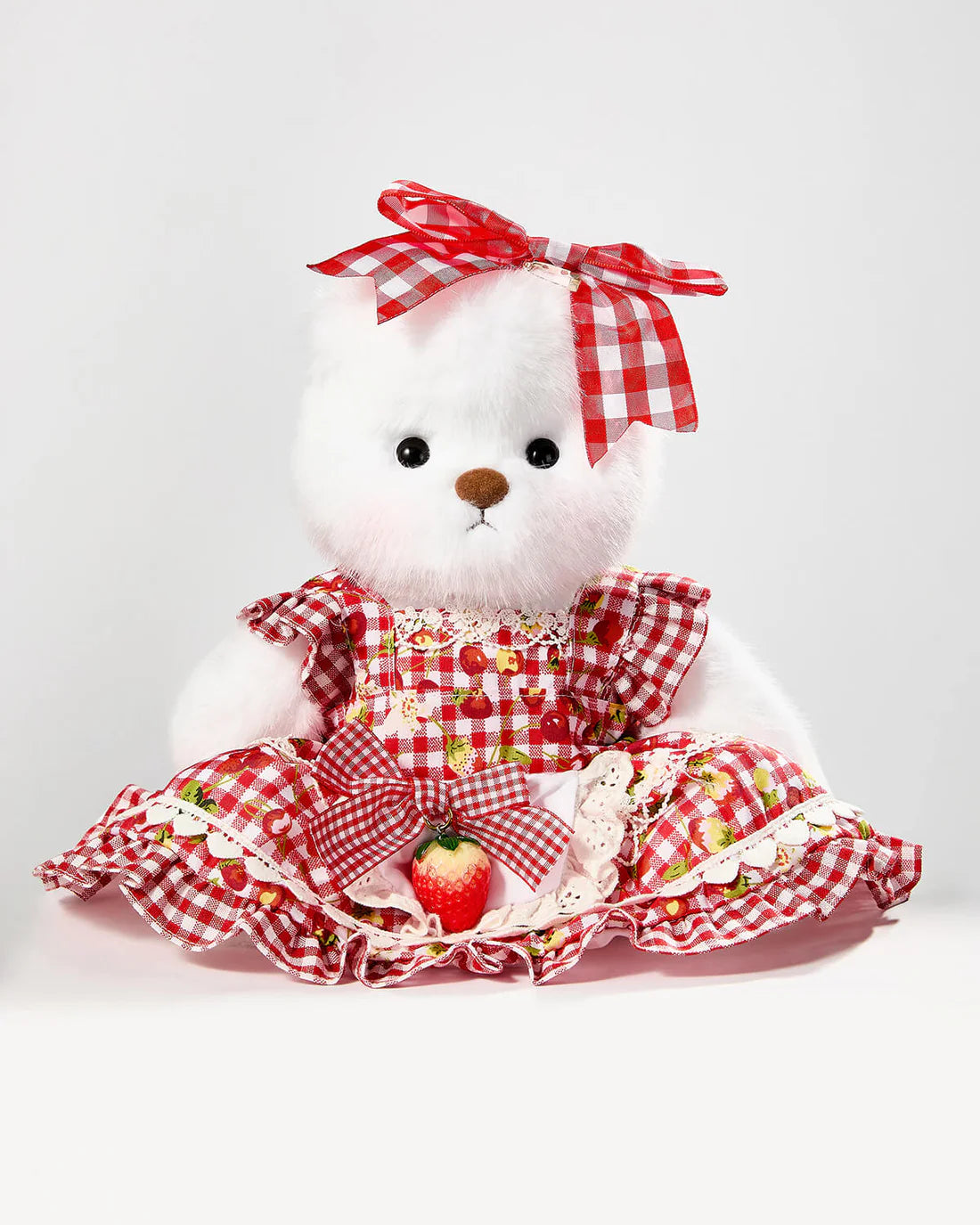 White Long Hair Bear & Red Strawberry Plaid Dress