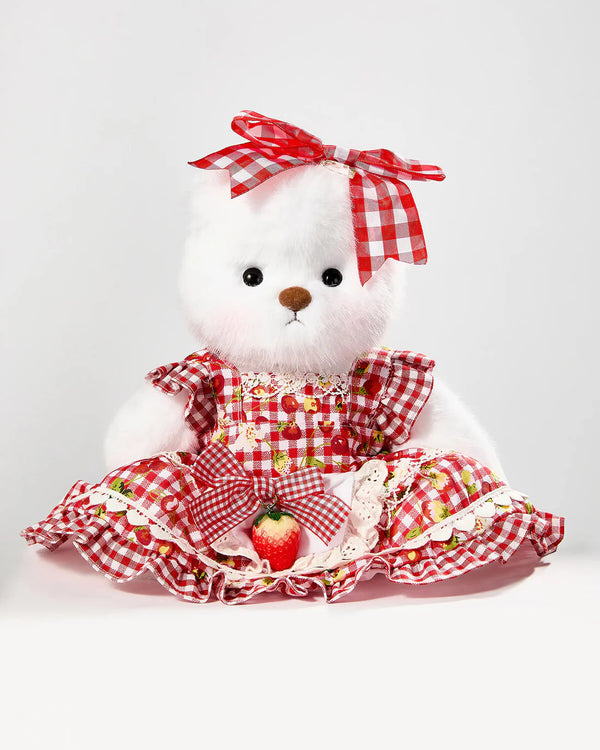 White Long Hair Bear & Red Strawberry Plaid Dress